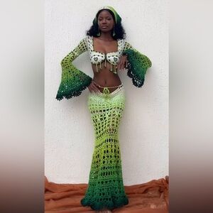 Green and white Crotchet two piece bralette and maxi skirt